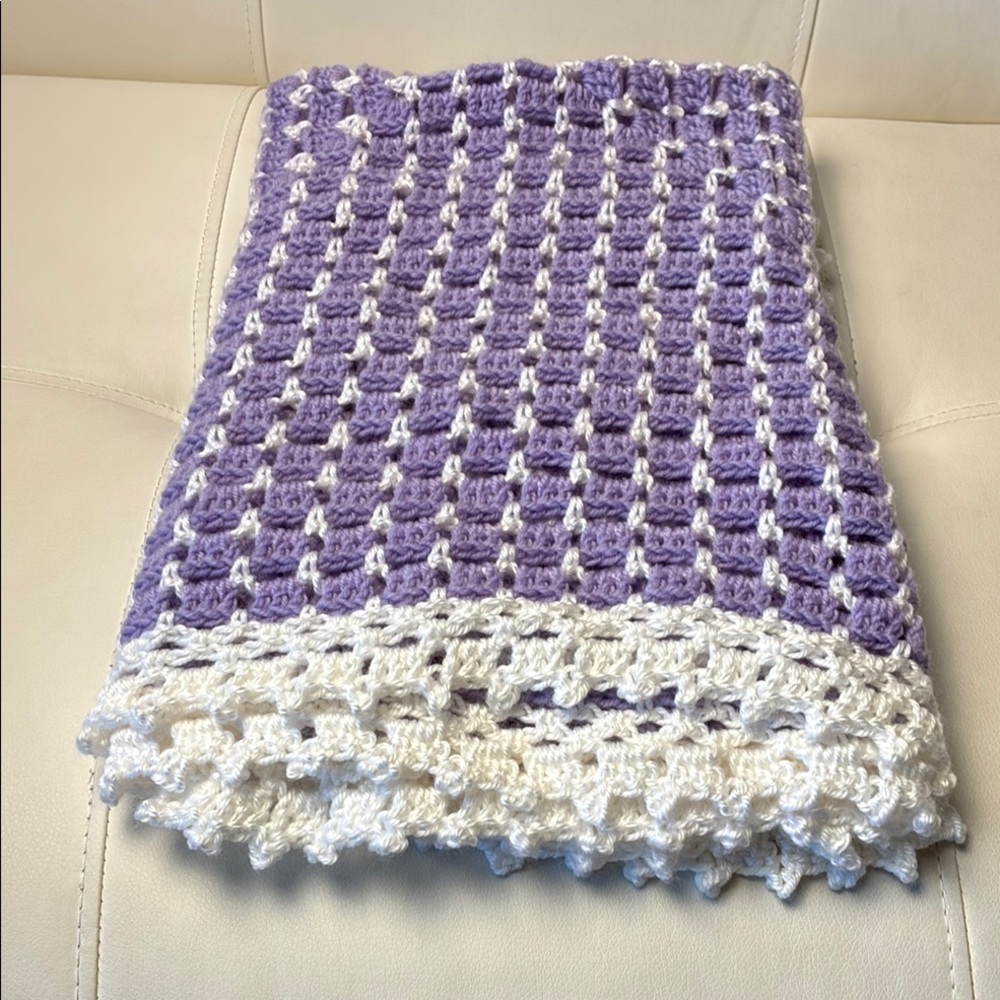 Handmade Purple and White Crochet Throw Blanket